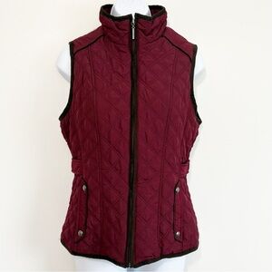 WEATHERPROOF Quilted Faux Fur High Collar Zip Up Outdoor Vest Burgundy Small